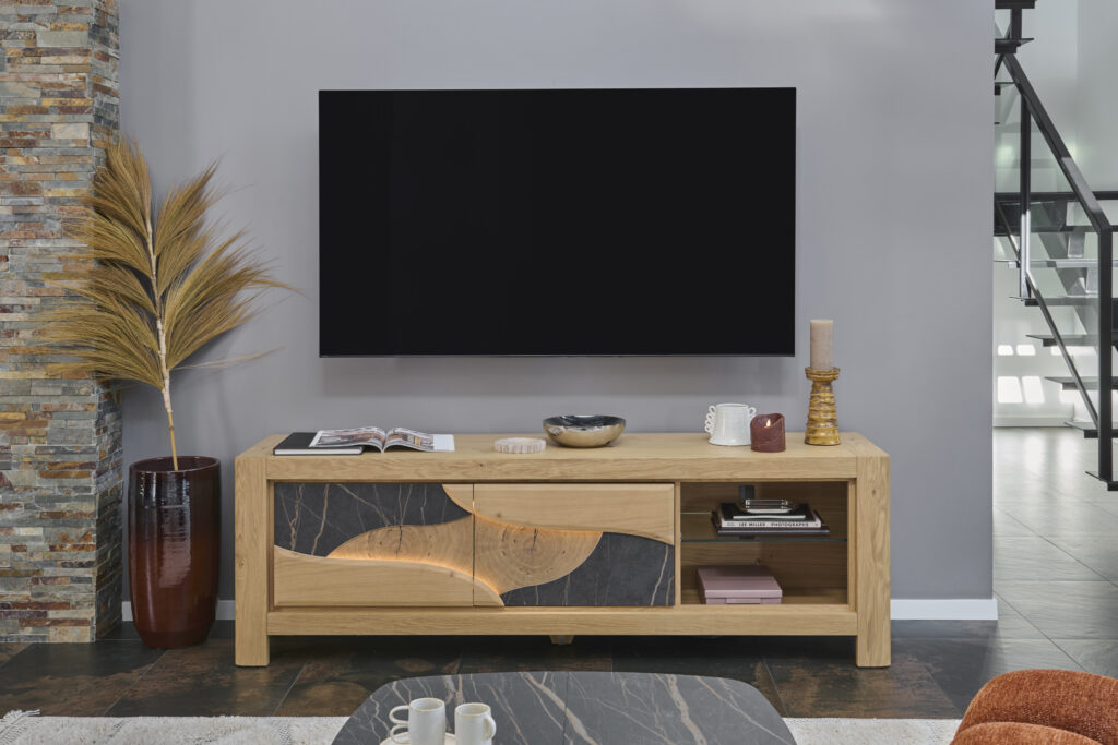 Cayola grand meuble tv gris veiné allumé